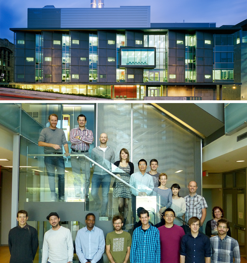 Front view of McGill Genome Centre merged with picture of the entire team of CEG below it